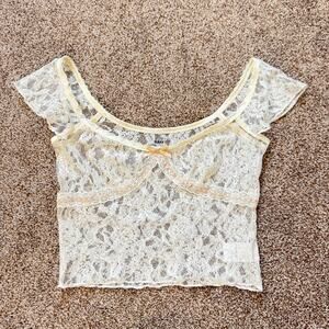 UNIF Jess Cropped Baby Doll Sheer Lace Top Size XS Cream Pink Bow Cap Sleeve Y2K